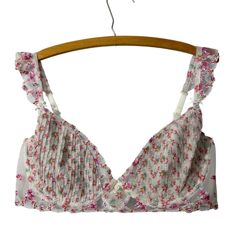 For Love & Lemons Floral Embroidered Ruffle Strap Underwire Bra White Pink 38D